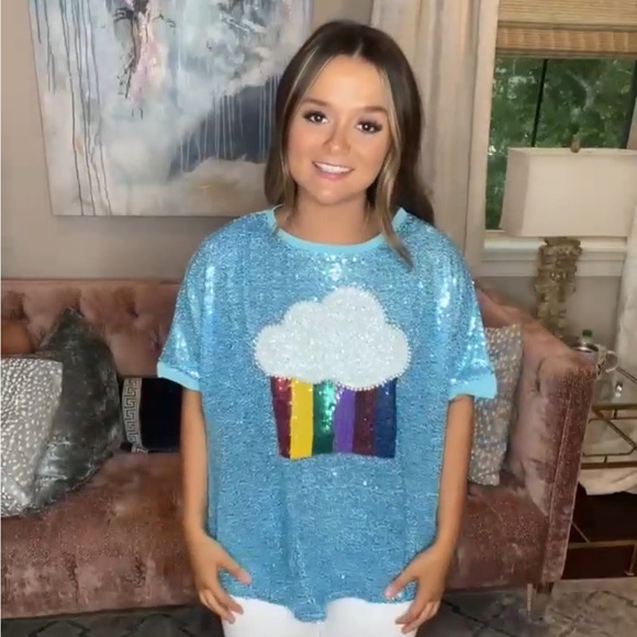 Fantastic Fawn Blue Sequin Top with Rainbow Cloud Design - Picture 4 of 9